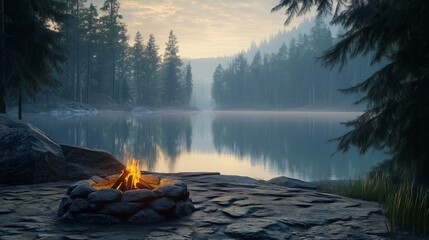 Sticker - A tranquil evening campfire by a serene lake surrounded by tall trees in a misty forest during twilight