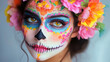 © Rabiyah - Woman with Colorful Sugar Skull Makeup and Floral Accents Celebrating Dia de los Muertos