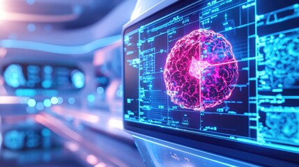 Futuristic brain hologram with digital data on a screen in a high-tech lab.