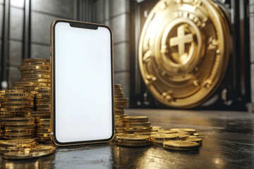 Smartphone with blank screen on pile of gold coins.