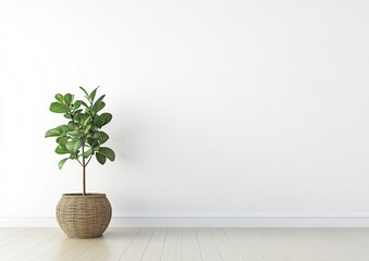 A single green plant in a wicker pot against a white wall and light wooden floor.