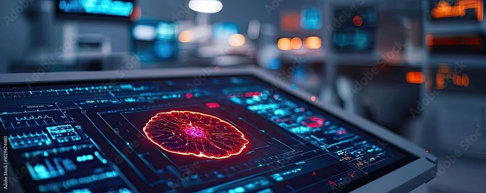 Futuristic data visualization on a touchscreen monitor in a lab ...