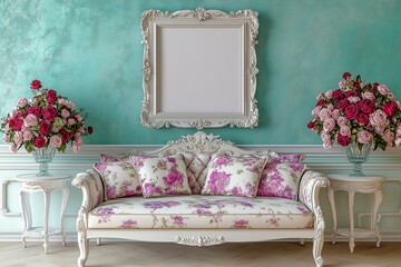 A beautifully decorated room featuring a floral sofa, ornate furniture, and vibrant flowers against a turquoise wall.