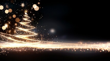 Wall Mural - an illustration of a golden glitter minimal christmas tree on black background.