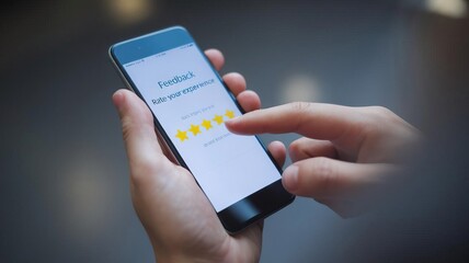 Hand interacting with smartphone screen, displaying a feedback rating system.