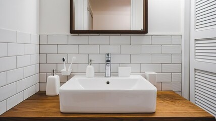 Modern bathroom sink with white interior and wooden accents, bright and minimal style.