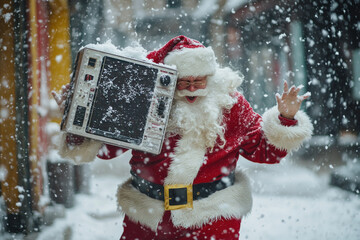 Wall Mural - Man dressed as Santa Claus waves a radio, surrounded by happy children laughing and playing. Christmas decorations fill the room, creating a festive atmosphere.