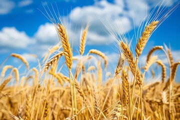 Golden ears of wheat on the field in summer