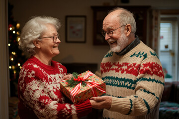 Poster - Older couple holding a Christmas present, smiling warmly, surrounded by festive decorations in cozy living room, expressing joy and love.