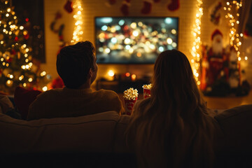 Poster - Couple wrapped in blankets watching Christmas movie by flickering lights of the Christmas tree, cozy and smiling.