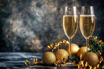 Canvas Print - Two champagne glasses with Christmas ornaments on dark background.