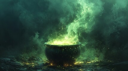 A Black Cauldron with Green Smoke and Sparks Rising from it