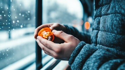 Closeup view of a person s hand holding an orange medication pill or capsule near a frosty window during the winter season  Concept of healthcare wellness prescription drug treatment or therapy