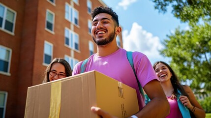 Group of happy smiling students sharing laughter and excitement while walking together on a sunny day at the university campus