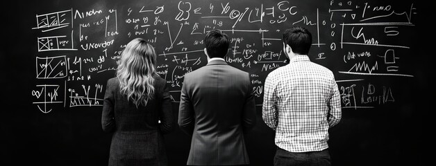 Group of students collaborating and brainstorming on a blackboard filled with complex mathematical formulas equations and scientific analysis in a university classroom setting