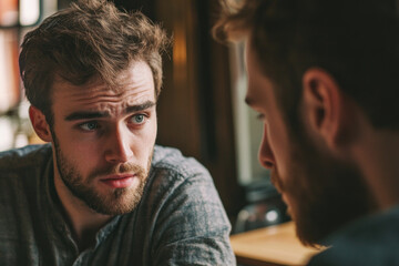 Bearded man in sweater staring at another man.