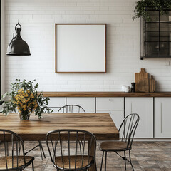 Square frame mockup in light wood, hanging above a rustic dining table with metal chairs, in a farmhouse-style kitchen with white cabinets.