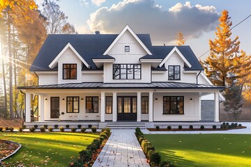 Beautiful modern house in the autumn park with maple trees and lawn