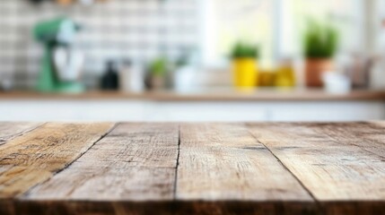 Sticker - A rustic wooden table top displays its textured surface in a softly blurred kitchen filled with cooking essentials and greenery