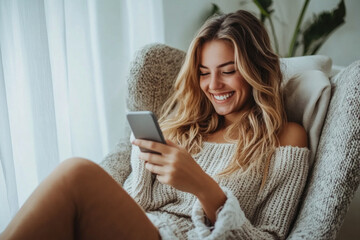 Woman engrossed on phone while seated in chair.