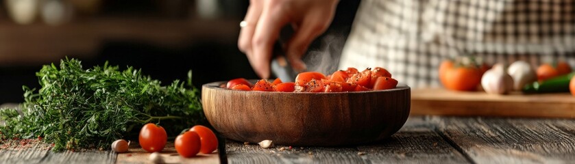 A person prepares fresh tomatoes on a wooden table, garnished with herbs, creating a vibrant scene of cooking and culinary artistry.