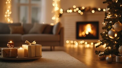 Cozy Christmas living room with gifts and glowing fireplace