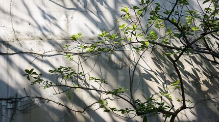 Branches, Shadows, and Sunlight on the Wall - a serene and natural visual. The interplay of branches and shadows cast by sunlight creates a calming atmosphere on the wall.