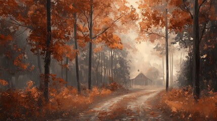 Poster - A tranquil autumn path leads to a quaint cottage surrounded by vibrant orange foliage in a serene forest setting