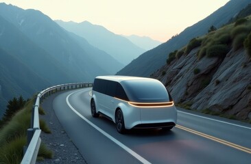 Futuristic electric vehicle navigating winding mountain road during sunset with scenic views of hills and valleys