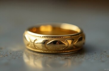 Elegant gold ring with intricate design resting on a smooth surface, showcasing its craftsmanship in natural light