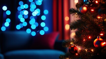 Wall Mural - Festive Christmas tree adorned with colorful lights against a cozy living room setting.