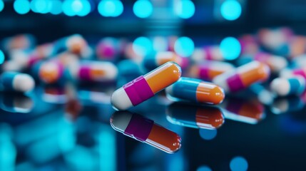 Floating colorful medical capsules on a mirrored lab table, glowing under blue neon lights, Futuristic, Cyberpunk, HDR, High Detail