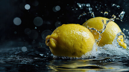 Fresh lemons splash in water, creating dynamic droplets and vibrant scene. bright yellow color contrasts beautifully against dark background, evoking refreshing and lively atmosphere