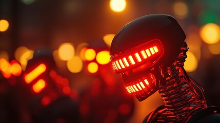 Canvas Print - Futuristic robot with glowing red lights, abstract background.