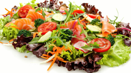 Fresh and vibrant salad featuring mix of greens, cherry tomatoes, cucumbers, and salmon. This colorful dish is perfect for healthy meal or side