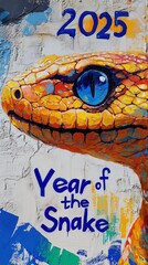 2025 Chinese new year of the snake with yellow scales and blue eyes graffiti tagged on a white wall. Zodiac signs from China. Urban street art. Vertical poster (9:16)