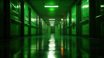 Green-lit hallway with shiny floor reflecting light, eerie atmosphere.