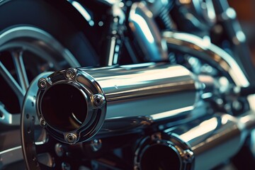 Close up of chrome exhaust pipes of a modern motorcycle