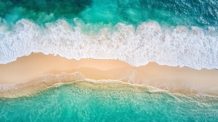 Poster - Waves crashing on a sandy beach under a bright sky, showcasing the stunning turquoise waters at sunrise