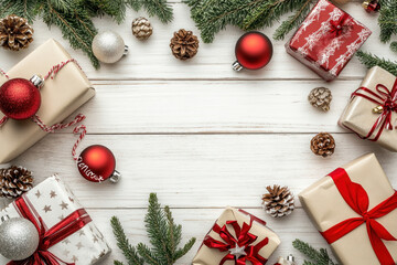 Poster - Christmas presents arranged neatly on white wooden background, varying shapes and sizes, colorful wrapping paper and ribbons adding festive charm.