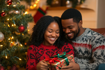 Sticker - Couple on couch with Christmas present, smiling warmly.