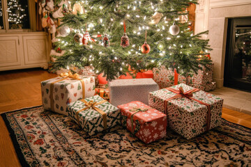 Sticker - Christmas tree with presents underneath, sparkling lights illuminate the festive scene.