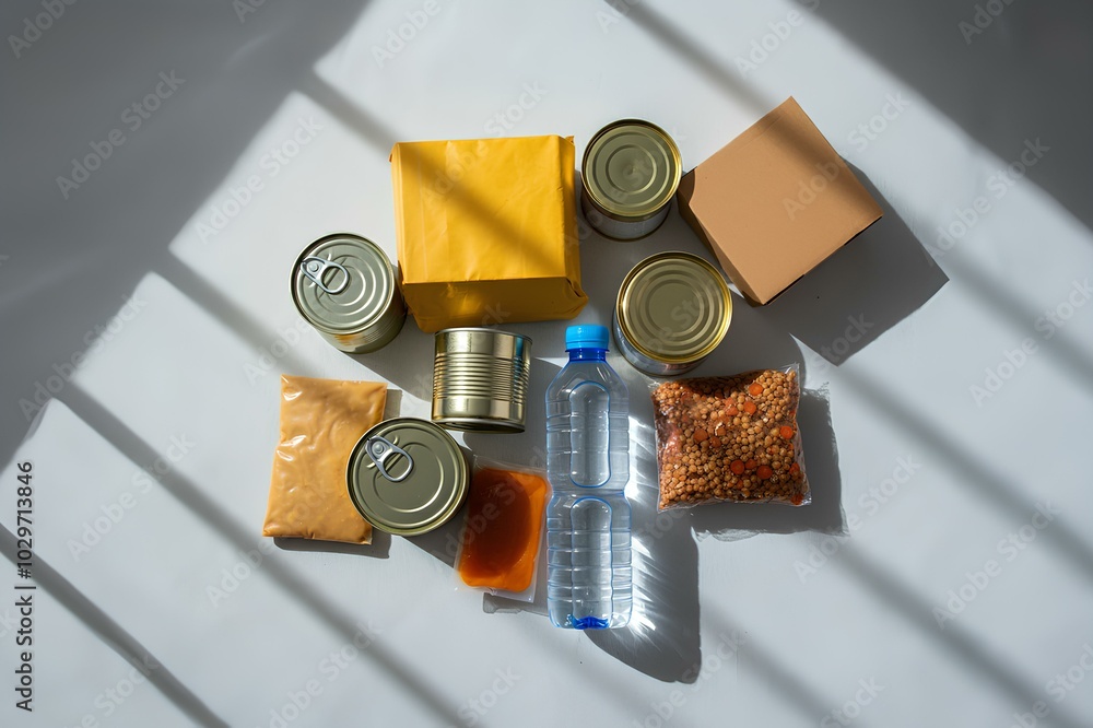 ダンボールに保管された非常食、缶詰、ペットボトルの水、レトルト食品、備蓄、トップビュー、白背景｜Emergency food, canned food, bottled water, retort pouch food, stockpile, stored in cardboard boxes, top view