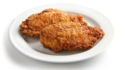 two pieces of fried chicken on a white plate