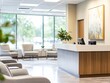 © Sinechana - 2408 69.A contemporary clinic lobby featuring a minimalist reception desk, cozy seating, and a soft color scheme. The space is well-lit by large windows, and the clean, modern design is accented by