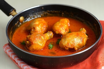 A hearty chicken curry dish in a black pan, showcasing tender chicken pieces simmered in a flavorful, vibrant red sauce.