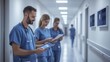 © ImagePulse - Healthcare team in a hospital hallway, using digital tablets to monitor patient status hospital management, real-time data