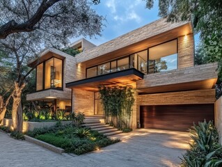 2408 22.A modern residential house in Mexico, featuring two floors, sharp architectural angles, and large windows that allow natural light to flood the interior. The facade is a blend of light stone