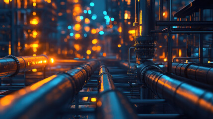 Large pipe in industrial area, surrounded by machinery and workers in safety gear, steam billowing out, against a backdrop of towering structures and heavy equipment.