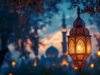 Lantern Glow Against Mosque Silhouette at Night - ai